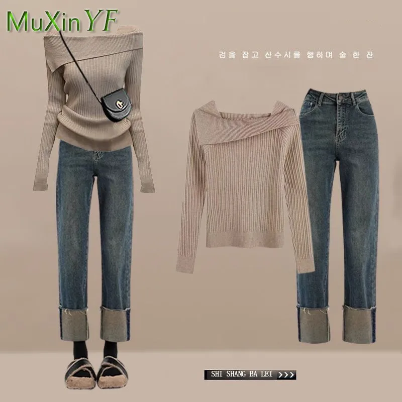 

2024 Spring New Korean Elegant Knit Sweater+Slim Jeans Two Piece Suit Women Vintage Long Sleeved Top Denim Pants Matching Set