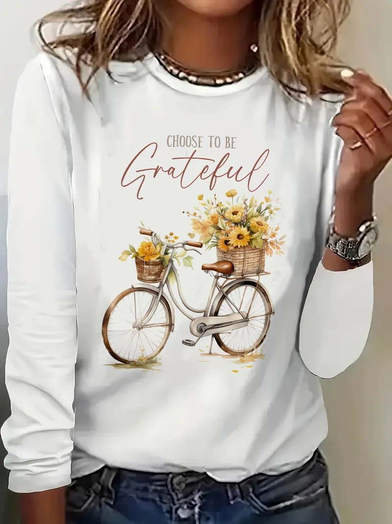 Vintage-Inspired Choose to Be Grateful Bicycle Graphic Women's Long Sleeve Crew Neck Tee