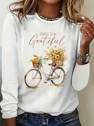 Vintage - Inspired Choose to Be Grateful Bicycle Graphic Women's Long Sleeve Crew Neck Tee - XXXL (White02048)