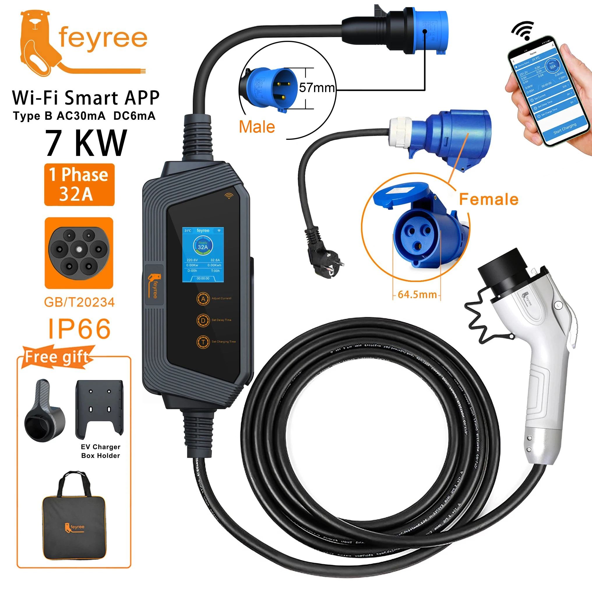 7KW 32A Adjustable EV Charger GBT Plug APP Bluetooth Version Set Charging Time for Electric Vehicle ev charger