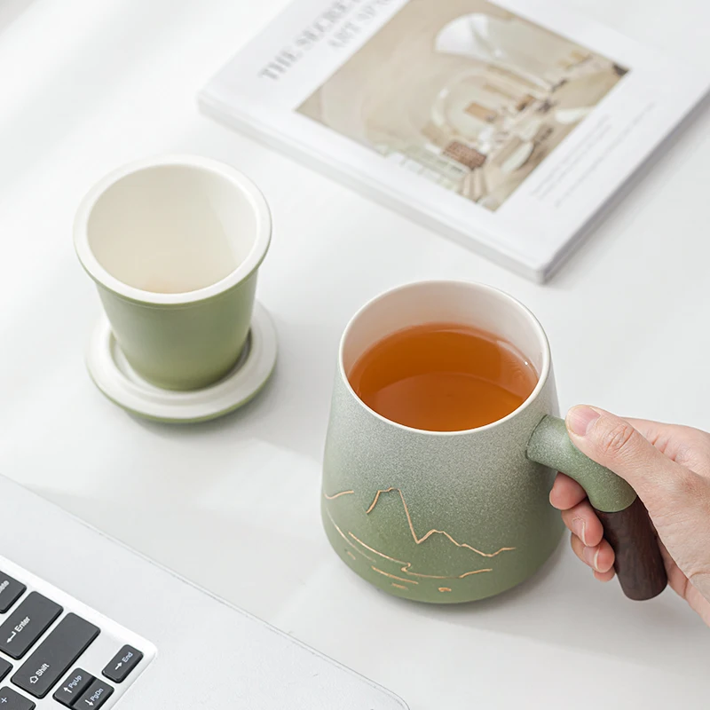 Chinese Style Ceramic Mugs, Home Personal Office Creative Teacup With Cover, Filtered Tea Water Separation, Tea Cups, 480ml, 1Pc