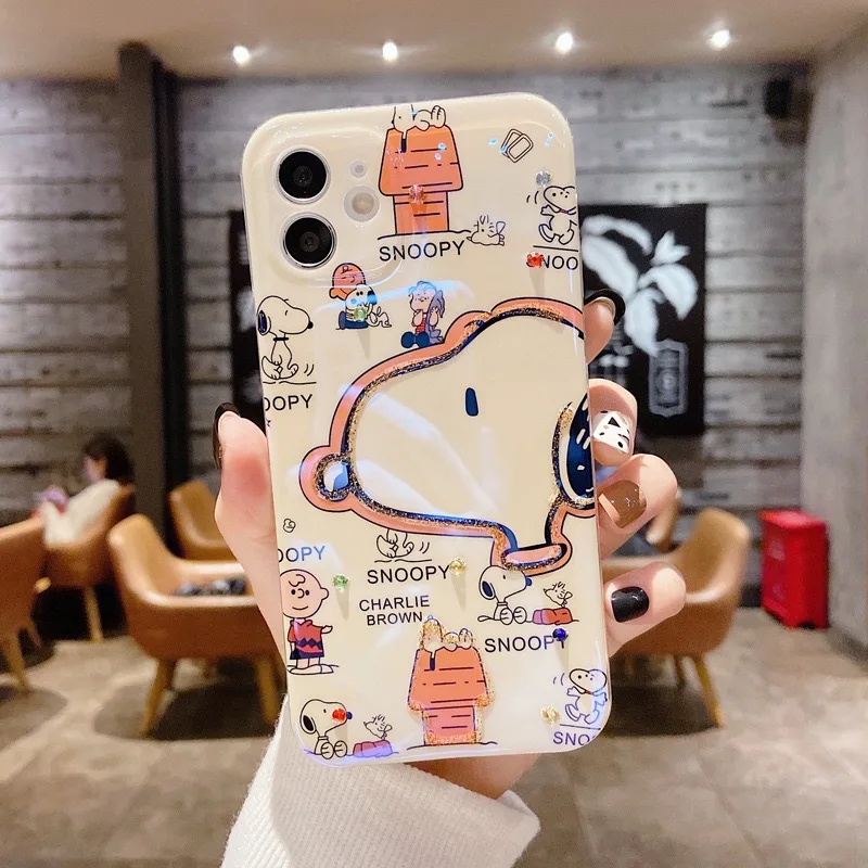 thumbnail image 1 of Bonita funda de teléfono con dibujos animados de diamantes brillantes de lujo de Snoopy Charlie Brown para iPhone 13 12 14 15Pro Max 11 X carcasa de luz azul de moda, 1 of 4