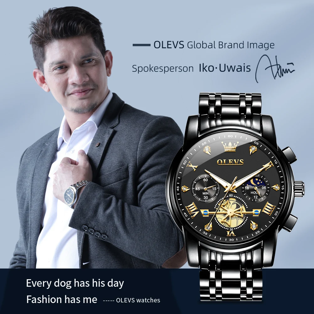 OLEVS Orologio Automatico Uomo Meccanico Con Calendario, Impermeabile 3ATM, Luminoso, Cinturino Pelle, Bicolore Nero/Oro