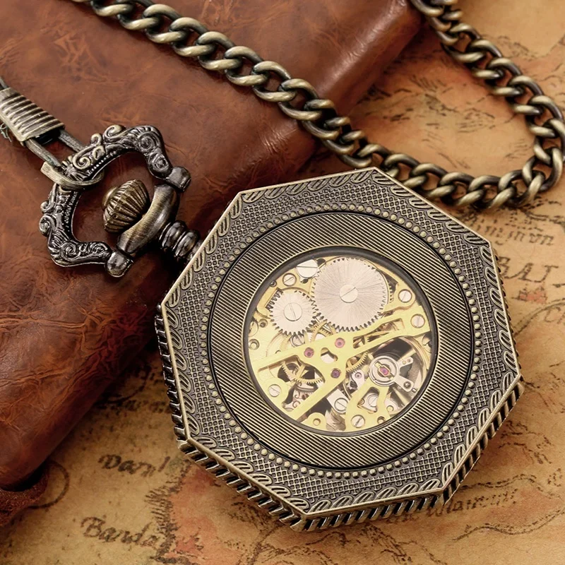 Steampunk Hollow Octagon Shape 남성 여성 Handwind 기계식 주머니 시계 해골 시계 FOB 펜던트 체인 로마 숫자 디스플레이