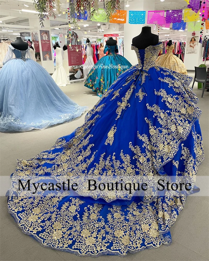 Mexican Royal Blue Quinceanera Dresses Ball Gown Gold Beaded Lace Appliques Sweet 16 Dress Princess Lace Up Vestido De 15 A&ntilde;os