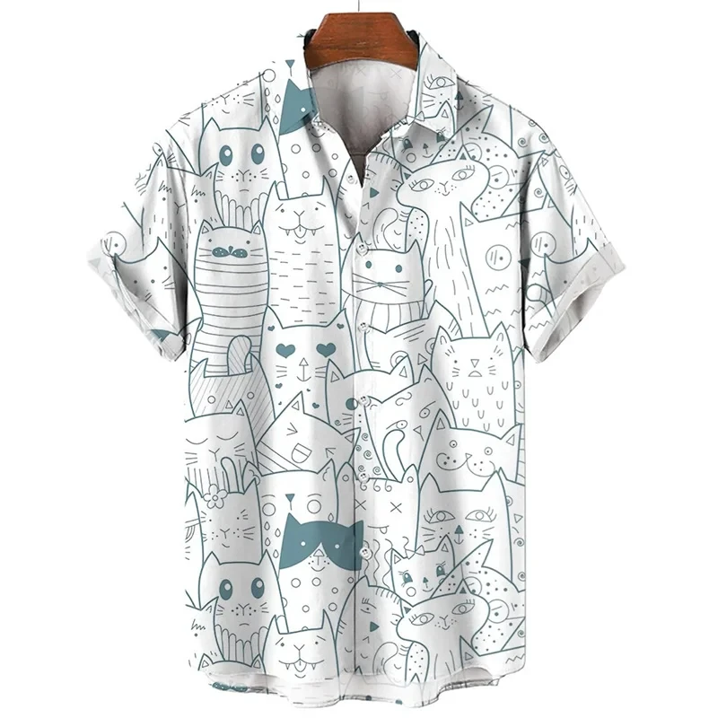 thumbnail image 1 of Camisa con estampado de gato en 3D para hombre, camisa hawaiana holgada de manga corta con botones, ropa de playa para vacaciones, ropa para niños, 1 of 5