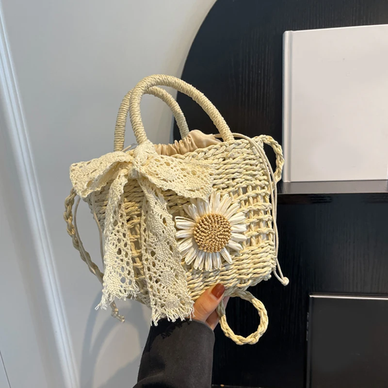 Luxury Designer Lace Bow Straw Weave Women's Handbag Casual Crossbody Bag Small Bucket Tote Summer Beach Bag