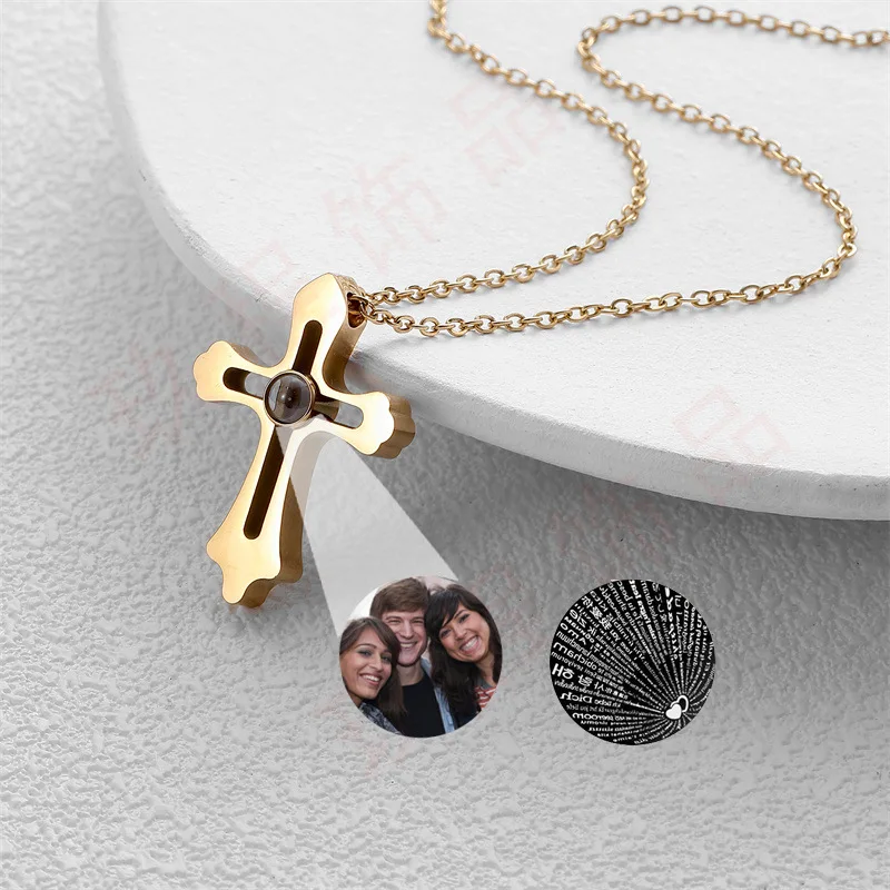 Customized Projection Photo Necklace Personalized Pet Figure Photo Pendant Projection Cross Necklace Commemorative Gift