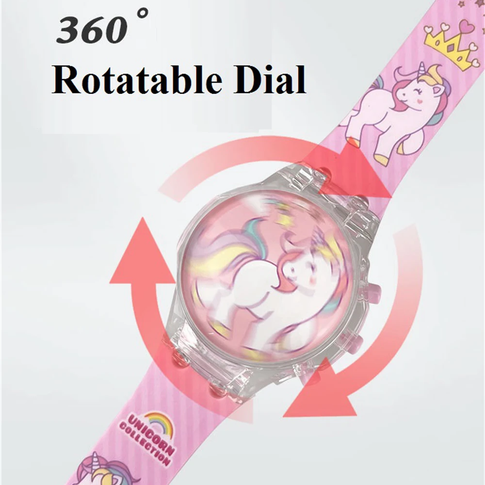 Pretty Girls Kids Children Students Rotatable Music Lights Sounds Rainbow Unicorn Collection Flip Digital Flashing Gift Watches 5
