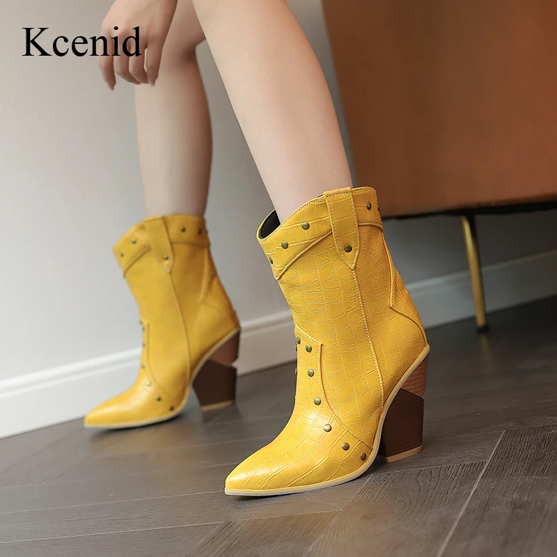 

Kcenid Fashion Rivet Pointed Toe Boots Women Party Cowboy Woman Plus Size 48 Design Chunky High Heels Concise Western Boots