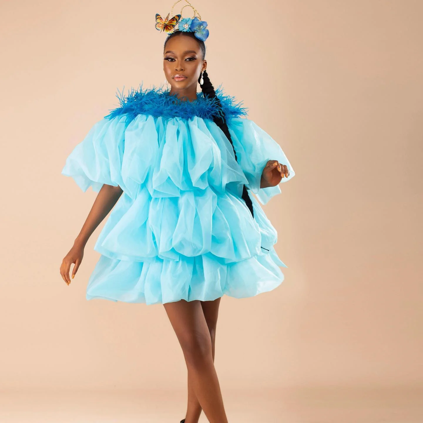 Mini robes en organza colorées pour femmes avec plumes, col à