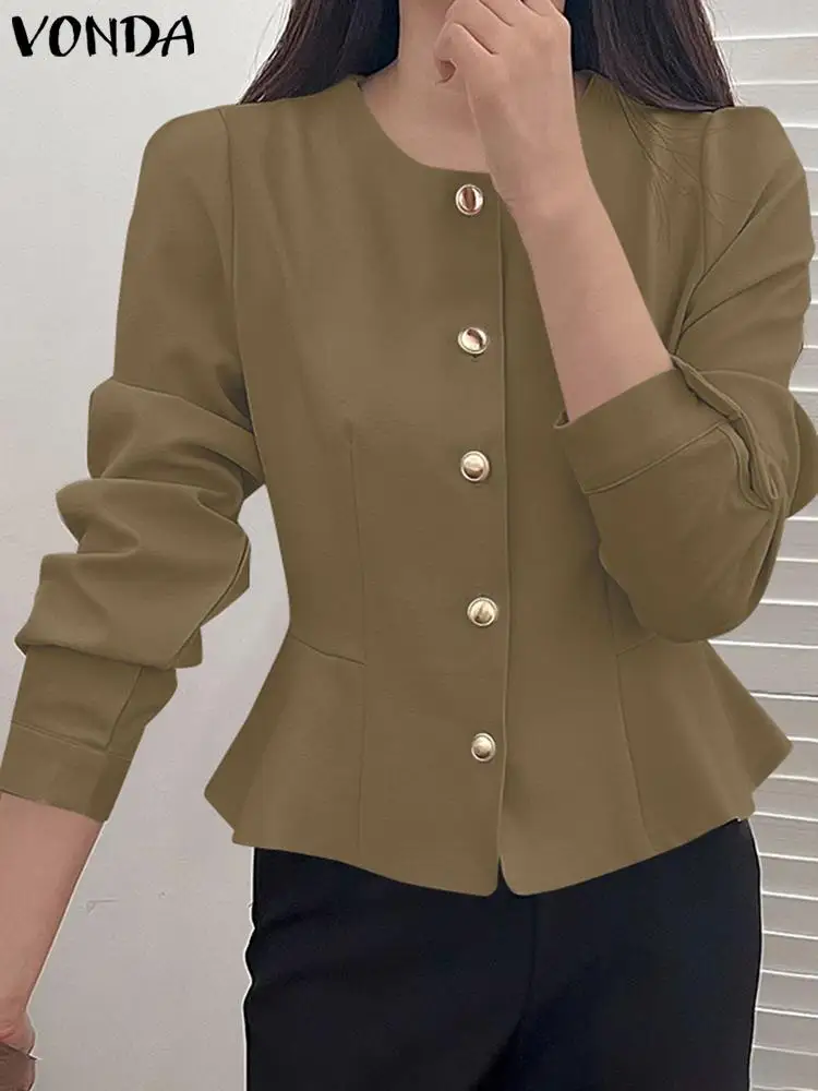 VONDA Women Elegant Long Sleeve Blazer Fashion Tunic Tops 2024 Casual Loose Solid Color Coats Buttons Autumn OL Office Blazer