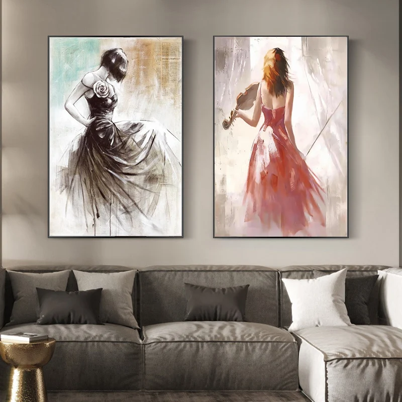 Abstract Girl Ballerina Guitar Oil Canvas Painting Posters and Prints Wall Pictures for Cuadros Living Room Home Decor No Frame