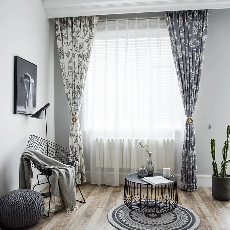 Ins Nordic Wind Matching Colored Linen Curtain New Modern Curtains for Living Room Bedroom Balcony High Shading Printing Concise 2