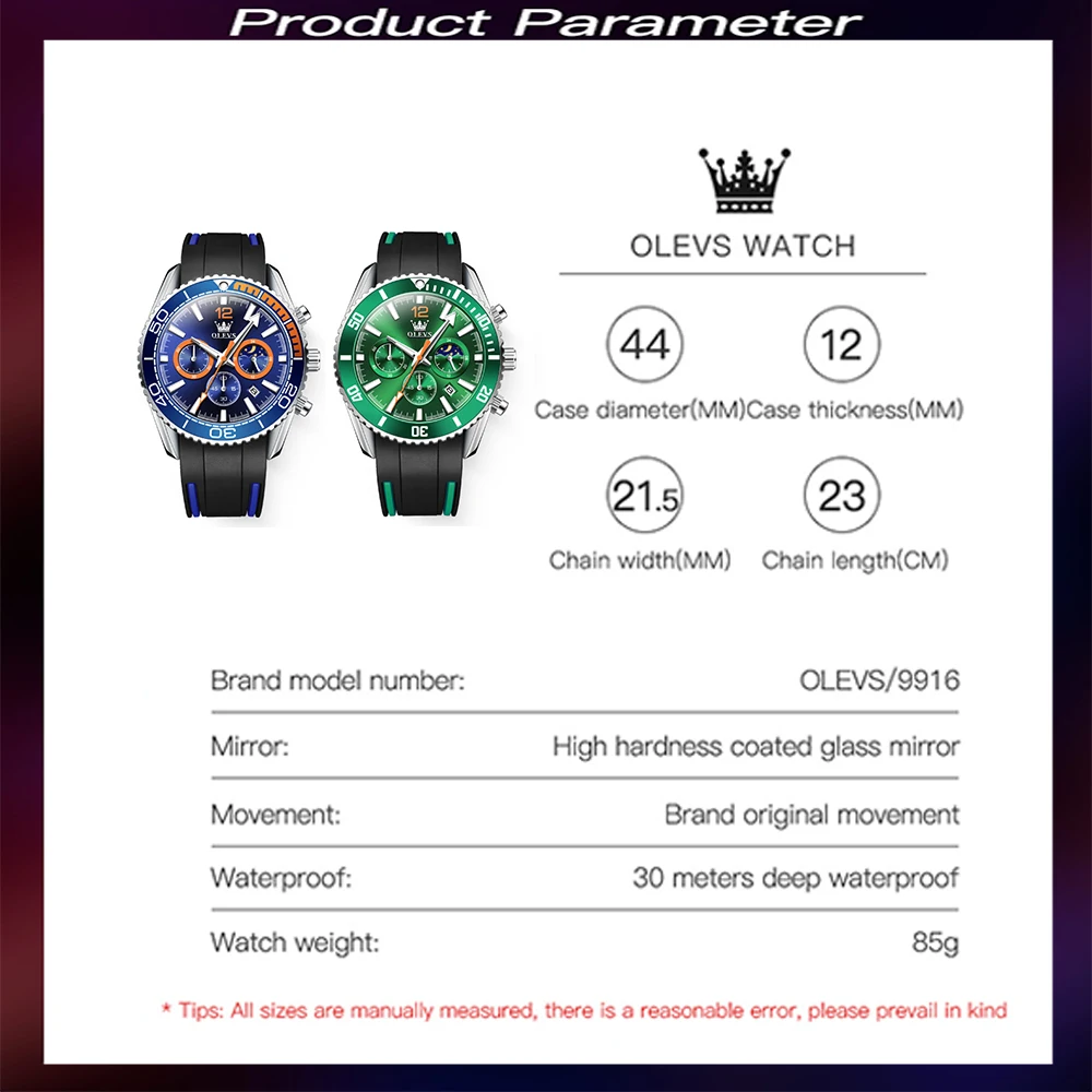 OLEVS Fashion Quartz Watch for Men Sports Silicone Strap Men's Watches Big Dial Moon Phase Waterproof Luminous Wristwatch Reloj