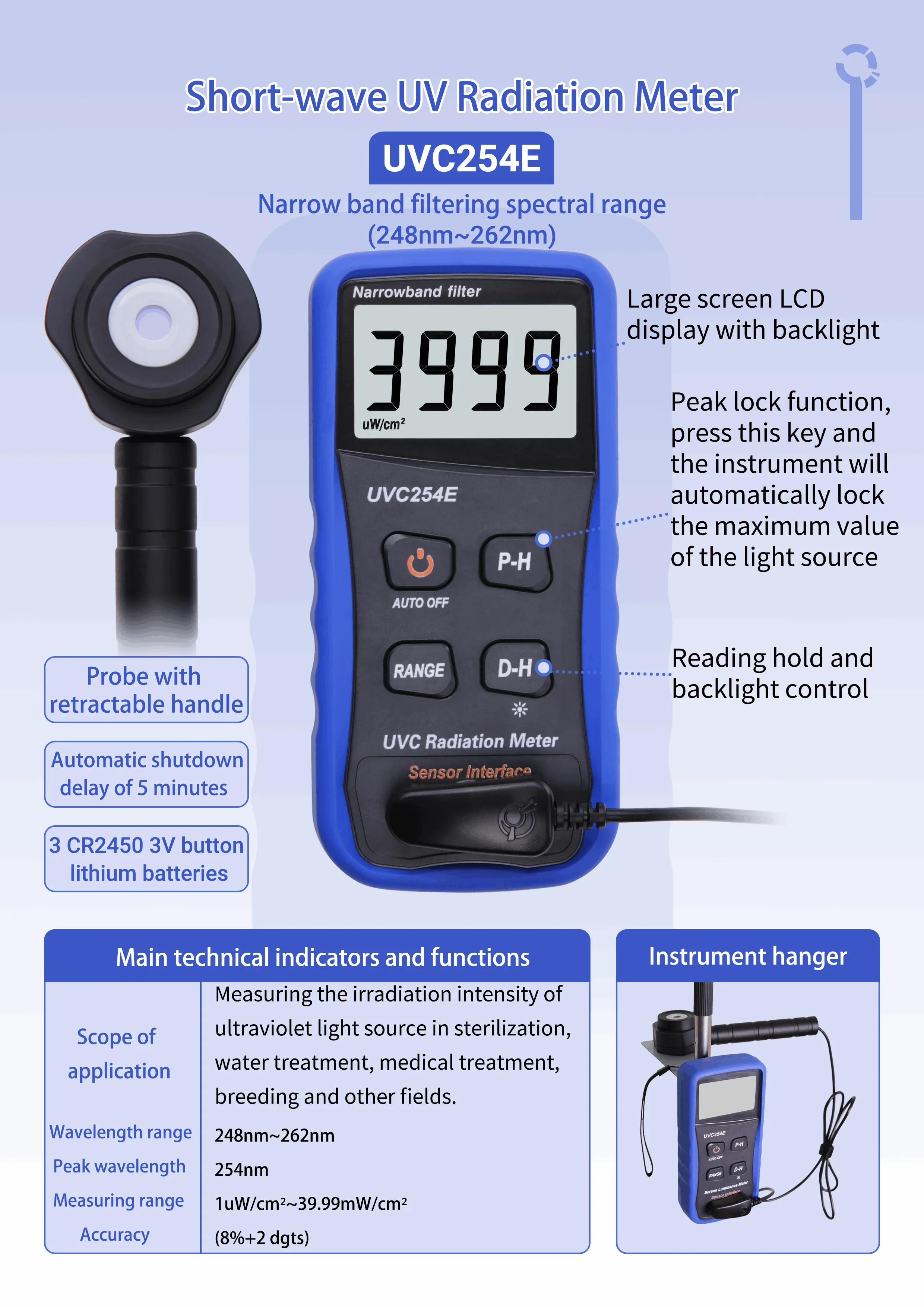 UV254E UV Light Meter UVC Light Measure Tester, UVC254E UVC Radiation Meter With Adjustable Intensity Detector 2