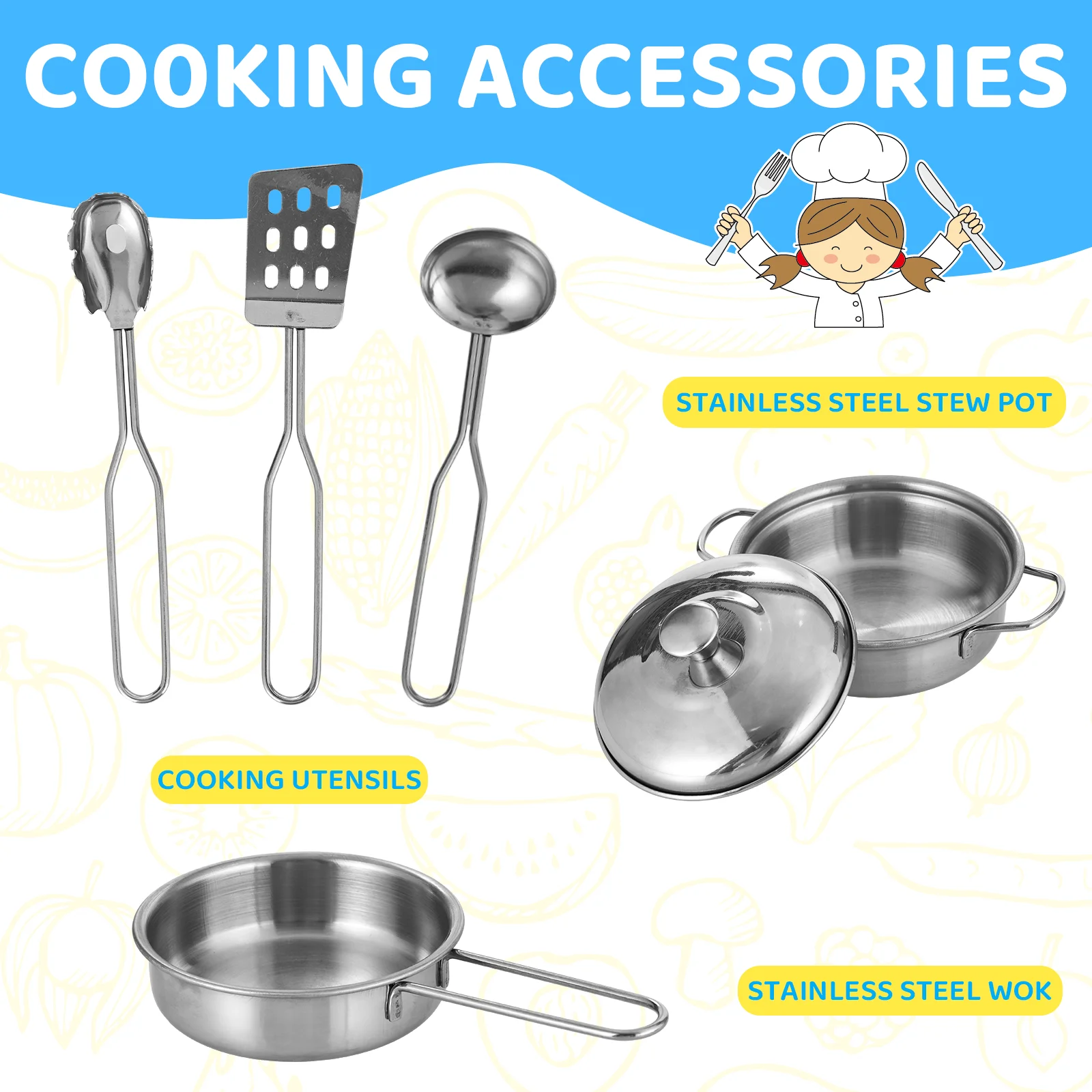 Kids Kitchen Playset, Preschool Cooking Kitchen, Toddler Wooden Pretend Play Toy w/Fridge, Stove, Cookware Utensil 5