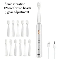 Rechargeable Ultrasonic Electric Toothbrush with 5 Modes and Waterproof Design (White 12head)