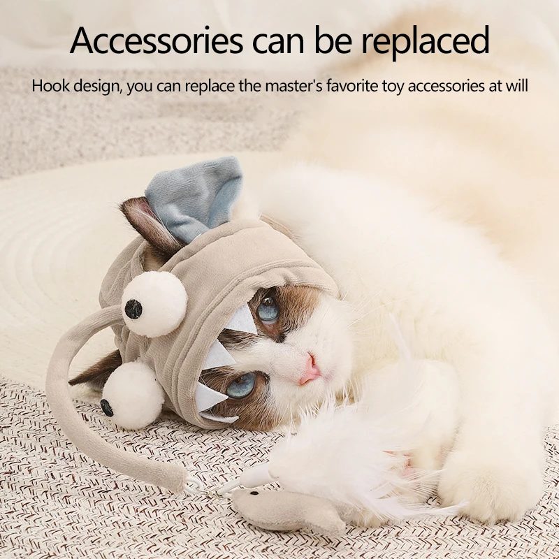 고양이 깃털 머리 티저 스틱, 기발한 작은 공룡 티저 장난감 스틱, 회색 큰 눈 물고기 재미있는 고양이 장난감