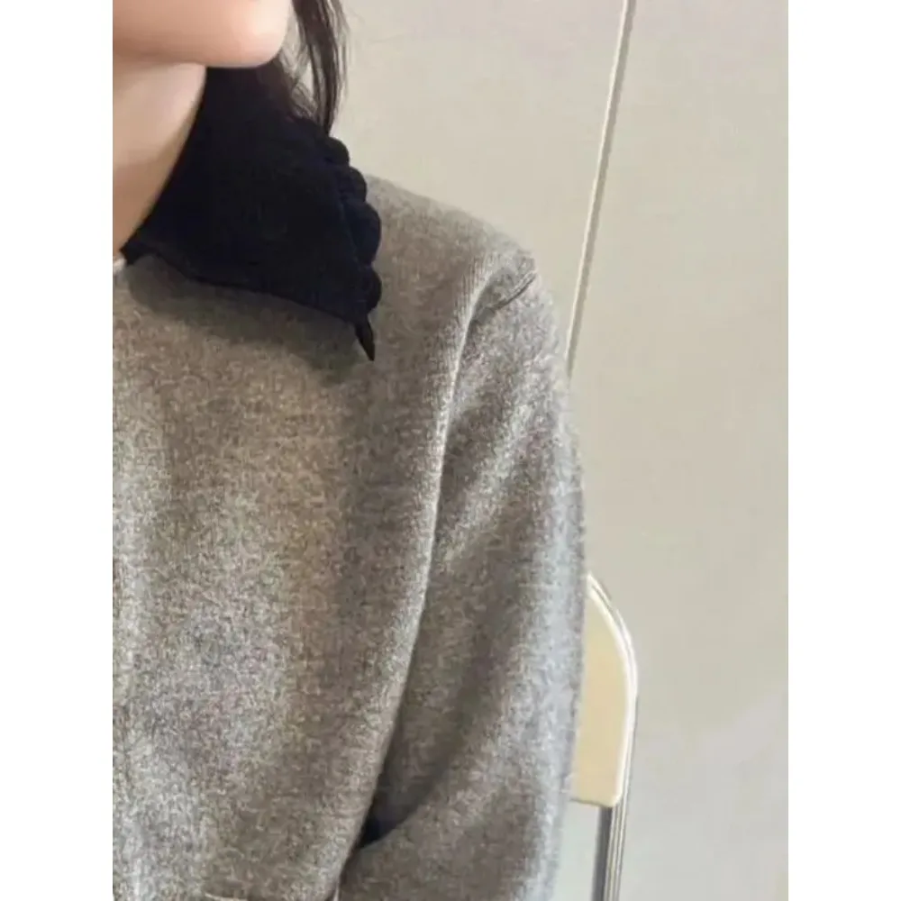 Grey Women Turn-Down Collar Slim Knitted Jacket Single Breasted Fashion Splices Early Autumn 2024 Lady Long Sleeve Cardigan Top