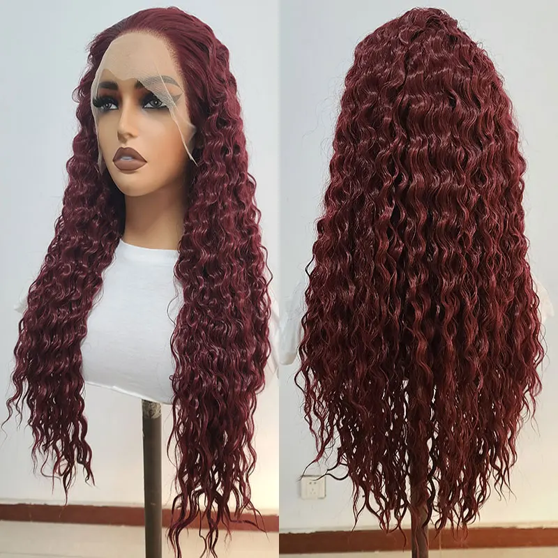 

Bombshell Wine Red Loose Curly 180% Density Synthetic 13X4 Lace Front Wigs Glueless High Quality Heat Resistant Fiber For Women