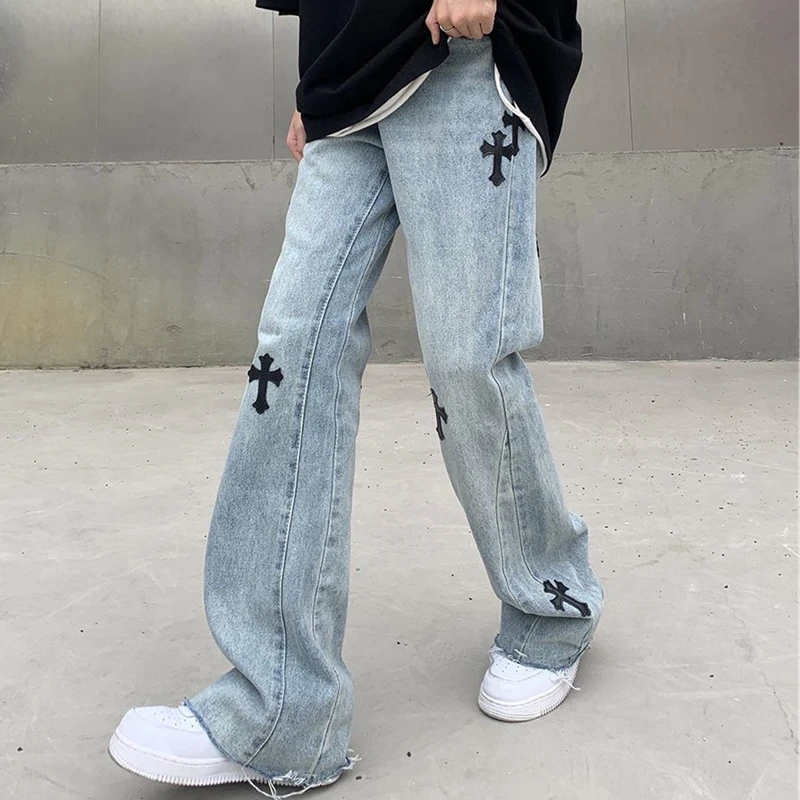 high waisted jeans Streetwear Korean Fashion Cross Applique Jeans Woman High Waist Y2k Straight Baggy Pants Versatile Casual Blue Denim Trousers plus size clothing