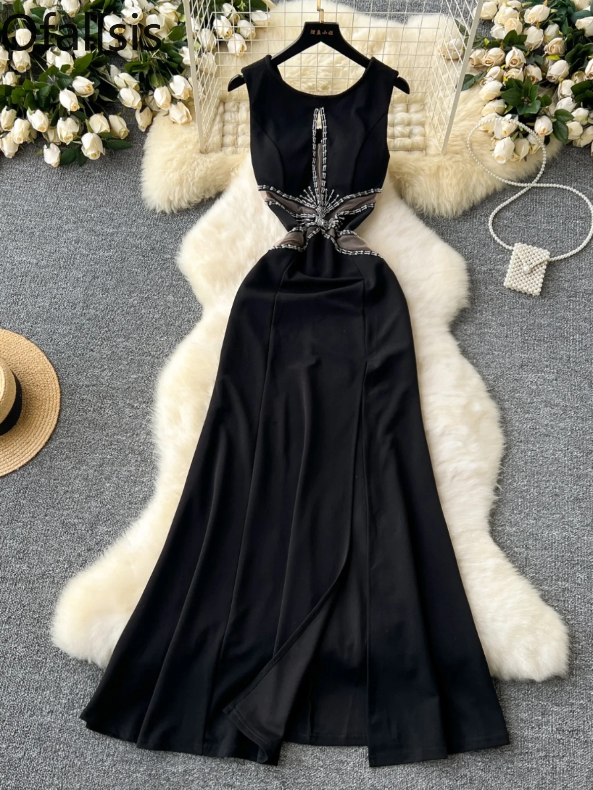 

Женское платье без рукавов Ofallsis, черное облегающее платье с разрезами, сеткой и разрезом, лето 2024