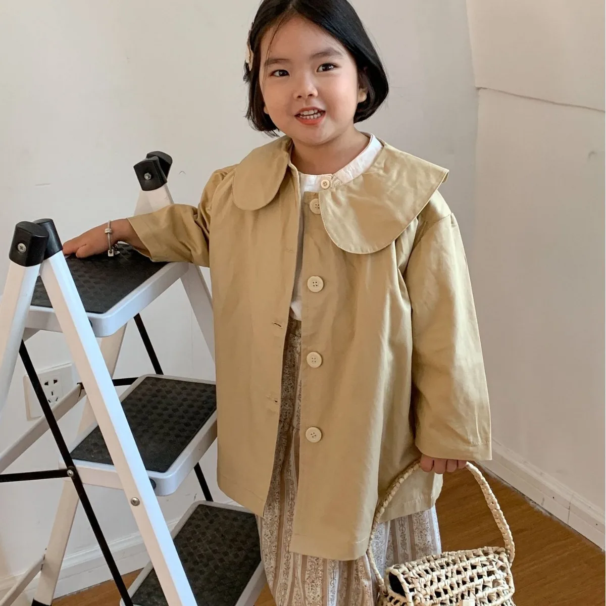Girls Trench Coats Children Windbreaker Lapel Single-breasted Long Coat