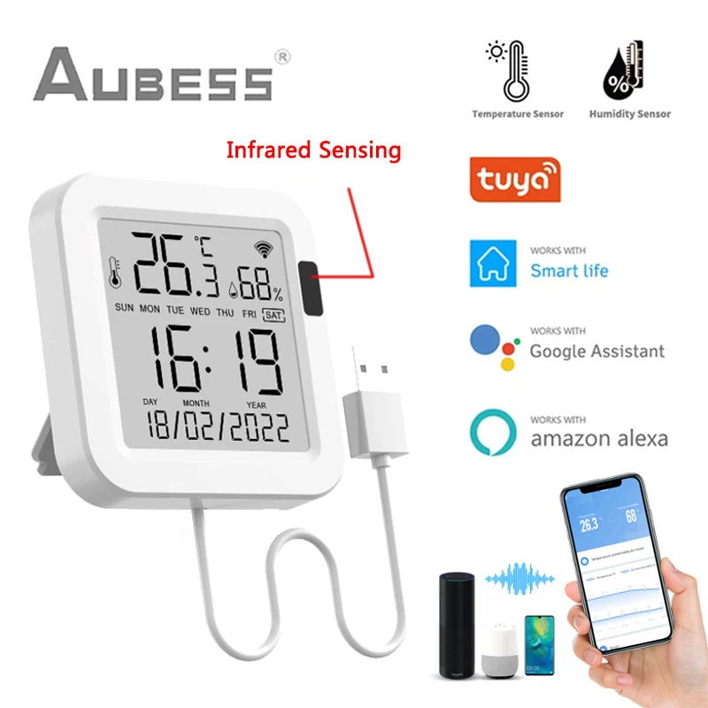 WiFi Temperature Sensor with Waterproof External Probe,Tuya Smart  Temperature Monitor with Backlight LCD Display,Rechargeable Battery,Remote  Monitor