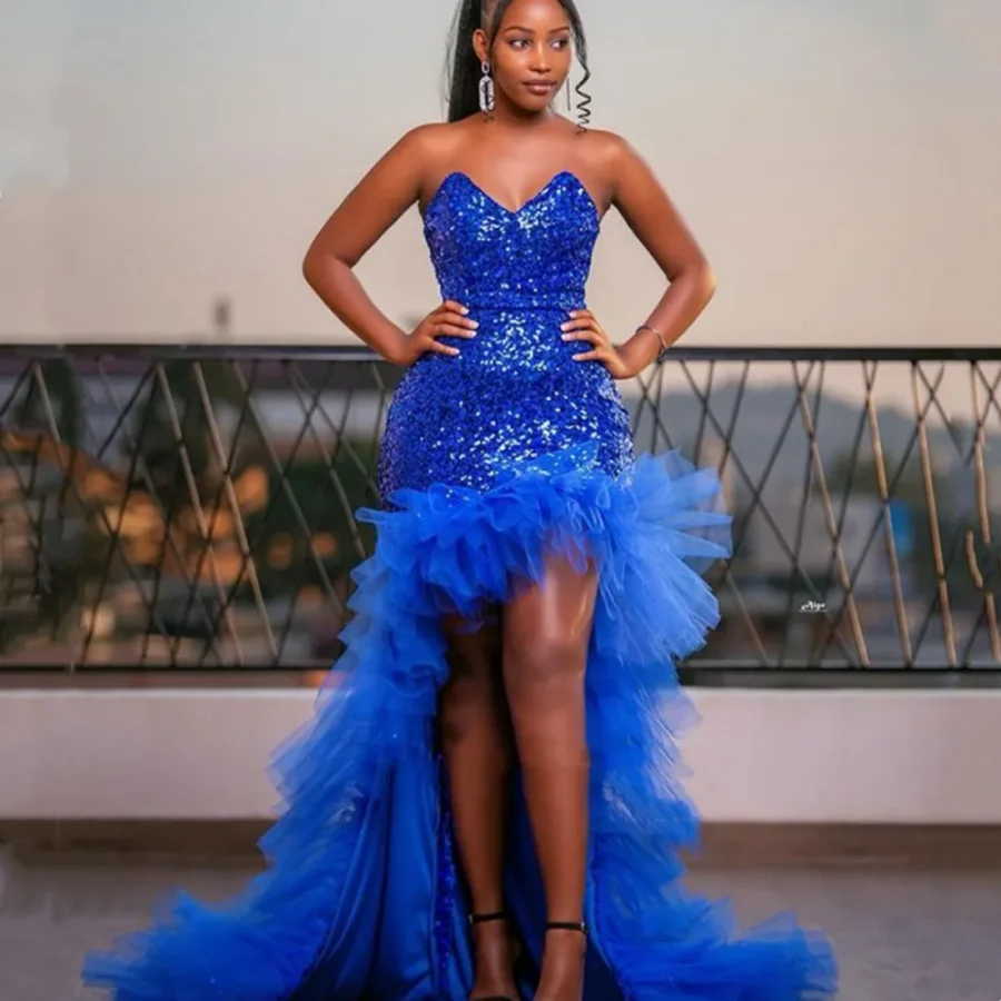

Блестящие ярко-синие платья с блестками для выпускного вечера, черные платья для девушек с оборками без рукавов для особых случаев, официальная вечерняя одежда