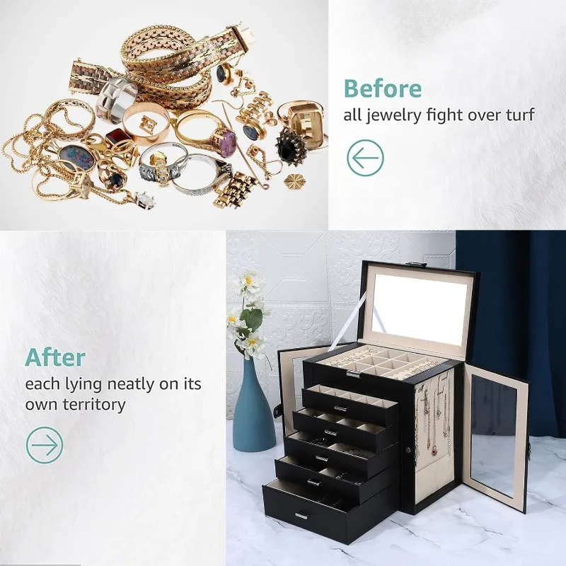 6-Layer Large Jewelry Box with Mirror – Multifunctional Jewelry Organizer with 5 Drawer... - SKU JBM08509 - UGI Packaging