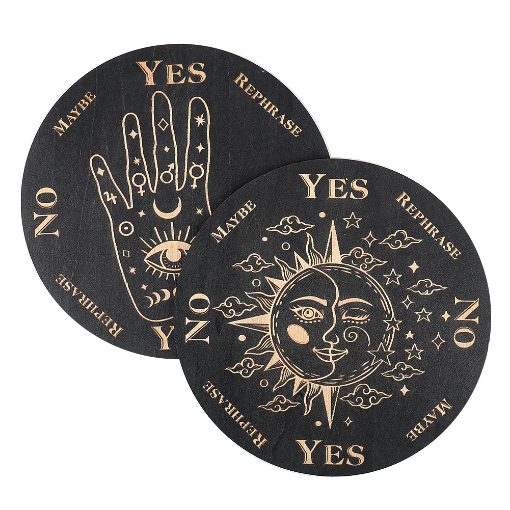 Wooden Pendulum Divination Boards – Sun, Moon & Palmistry Designs 1