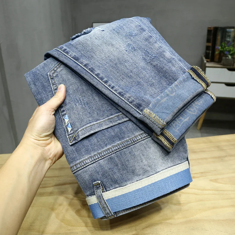 2024 Spring And Summer Light Luxury High-End Men'S Jeans Tide Simple Loose Straight Hole Patch Trend Casual Fashion Slim Denim