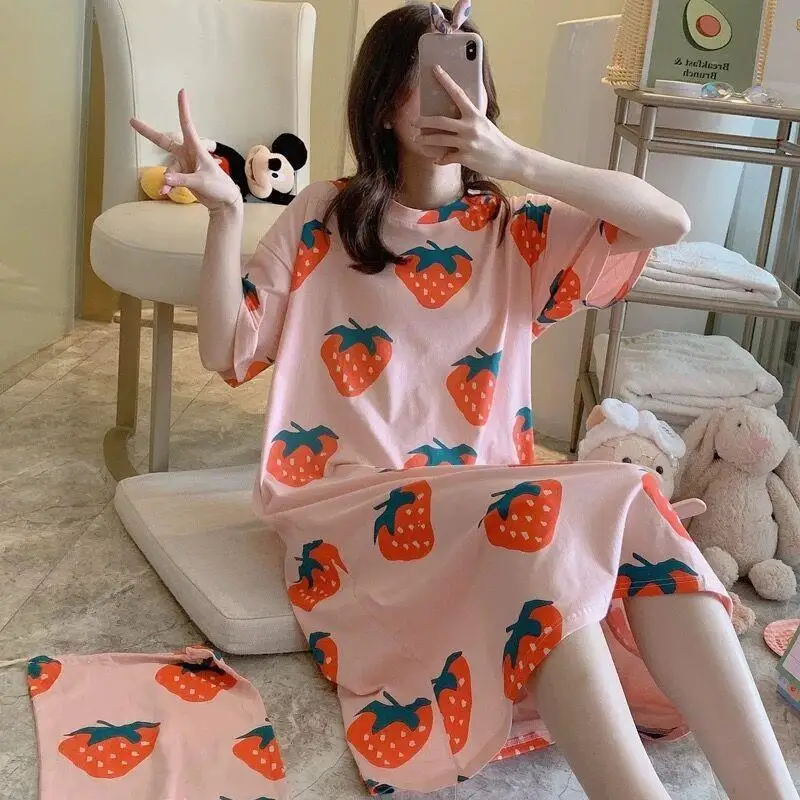 Women's Summer Short-Sleeved Nightgown Large Size Leisure Wind Cute Sweet Pajamas Korean Version Of The Cartoon Homewear