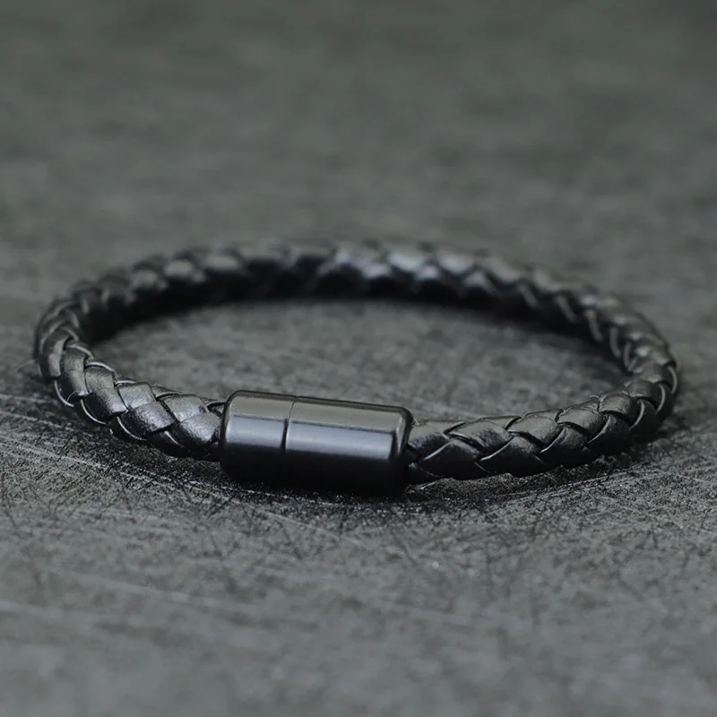 Leather Men Hiphop Braided Magnetic Clasp Black Bracelet