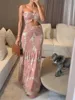 Hanging Neck Printed Pleated Long Dress Sexy Exposed Waist Spring Summer New Dress Casual Lace Up Vacation Bag Hip Dress
