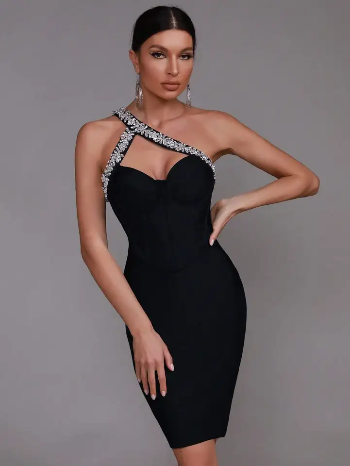 Black One Shoulder Embellished Party Bandage Dress