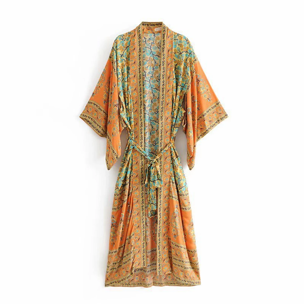 

Women Beach Cover-ups Floral Print Sashes Kimono Ladies V Neck Batwing Sleeves Bohemian Maxi Dress Robe Summer Long Dress 2023