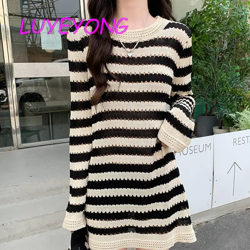 

Korean Fashion Clothes Lady O Neck Long Sleeve Hollow Out Sweaters Women Striped Thin Knitted Long Sweater Dress 2023 Autumn