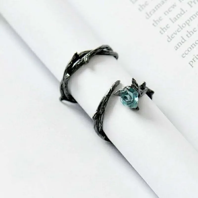 2pcs Gothic BLack Thorns Punk Couple Rings -Paired Blue Crystal