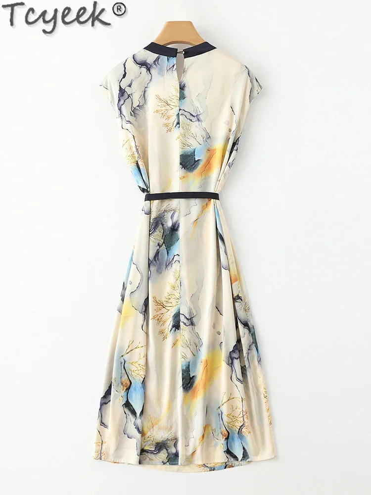 

91% Tcyeek Mulberry Silk New es for Women Clothes Print Spring Summer Midi 2024 Waist Lace-up Elegant Women's Dress