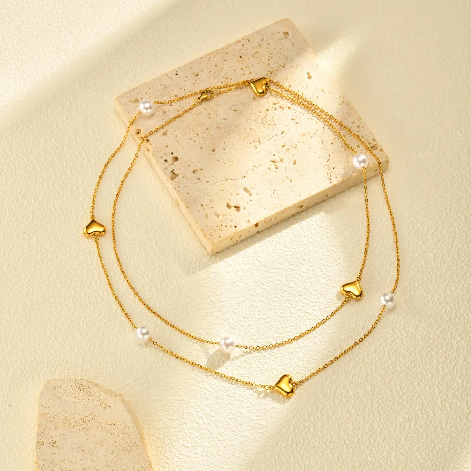 Stapelbare lange Halskette aus Edelstahl mit Imitationsperle, Herz-Charm-Pullover-Kette, modischer ästhetischer Schmuck für Frauen – Detail 7