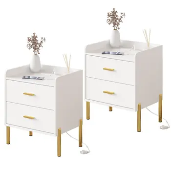 Vabches Nightstand Set of 2 with Charging Station Wood Bedside Table with 2 Storage Drawer&Metal Leg White End Table for Bedroom 1