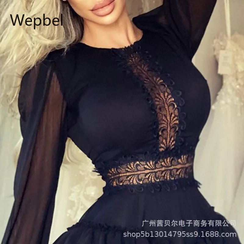 

Wepbel Ruffles Mini Dresses High Waist Mesh Lace Women Dress Stitching Waist Trimming Long Sleeve Slim Fits Sexy Mini Dress