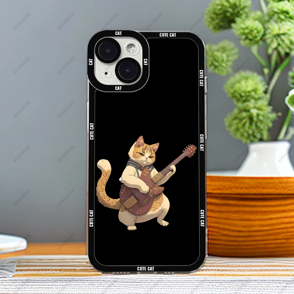 thumbnail image 1 of Guitar Cat Phone Case For iPhone 16 Plus 15 14 13 12 Pro Max Mini 11 XS X XR Soft Silicone Cover, 1 of 5