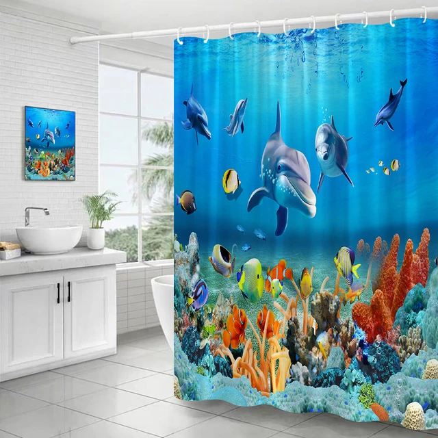 3D Ocean Seabed Animals Shower Curtains Cartoon Funny Dolphin Fish Coral  Underwater Scenery Children Kids Bathroom