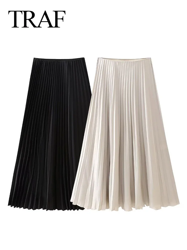 

TRAF Women's Casual Skirts Vintage Pleated Satin Midi Skirt Woman Draped Skirts Women High Waist Long Skirt Women Streetwear