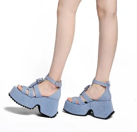 

Light Blue Jeans Girls Square Toe Platform Thick Sole Summer Sandals Woman T Ankle Buckle Strap Cover Heel Leisure Shoes Lady