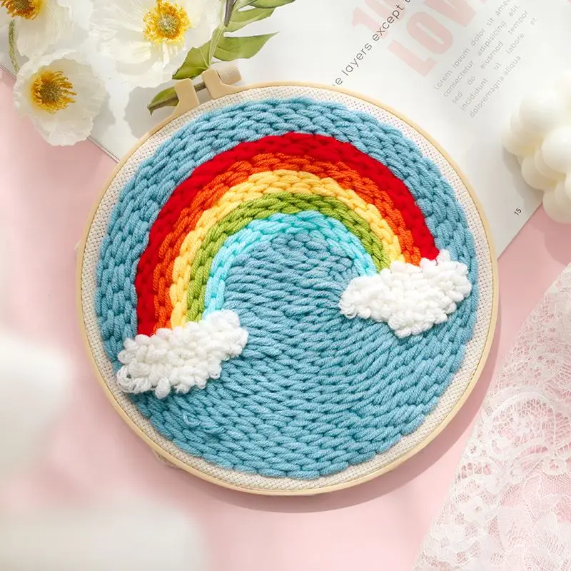 

CHENISTORY DIY Punch Needle Embroidery Kit with Yarn Rainbow Pattern Starter Kit Magic Tufting Cross Stitch Tools For Knitting
