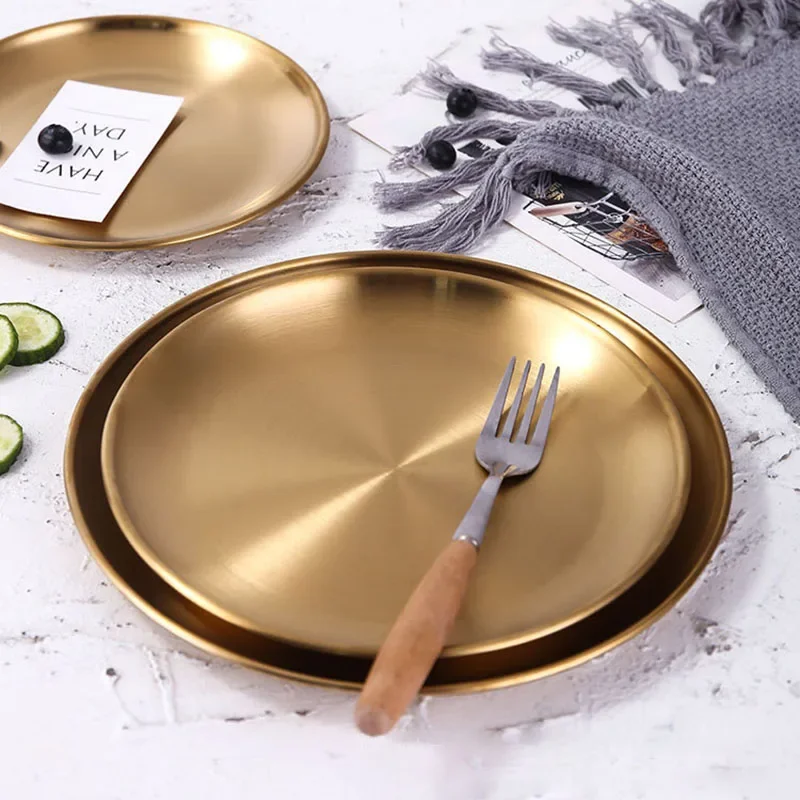 Golden Stainless Steel Storage Tray Luxurious Brass Gold Round Plate Metal Fruit Plate Dessert Snack Jewelry Display Tray storage tray jewelry storage tray